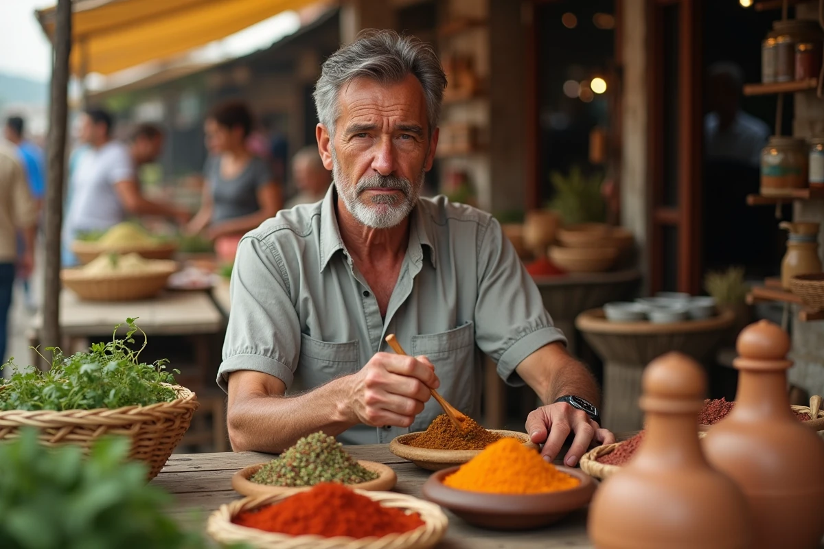 Homme ajoutant des épices dans un bol au marché en plein air