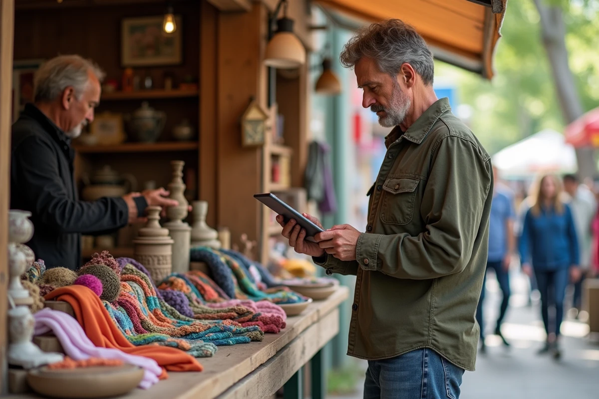 Homme au marché artisan observant son application Etsy