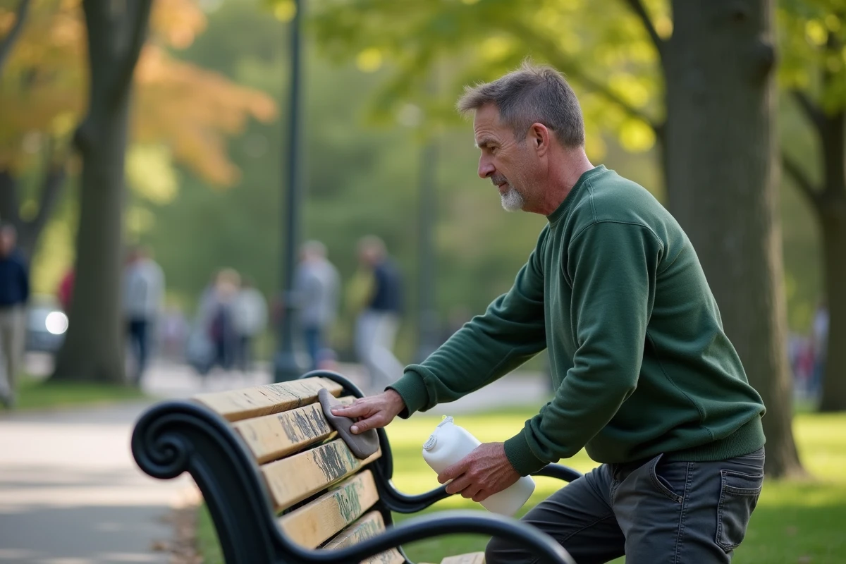 Homme nettoie un banc de parc avec une solution biodégradable
