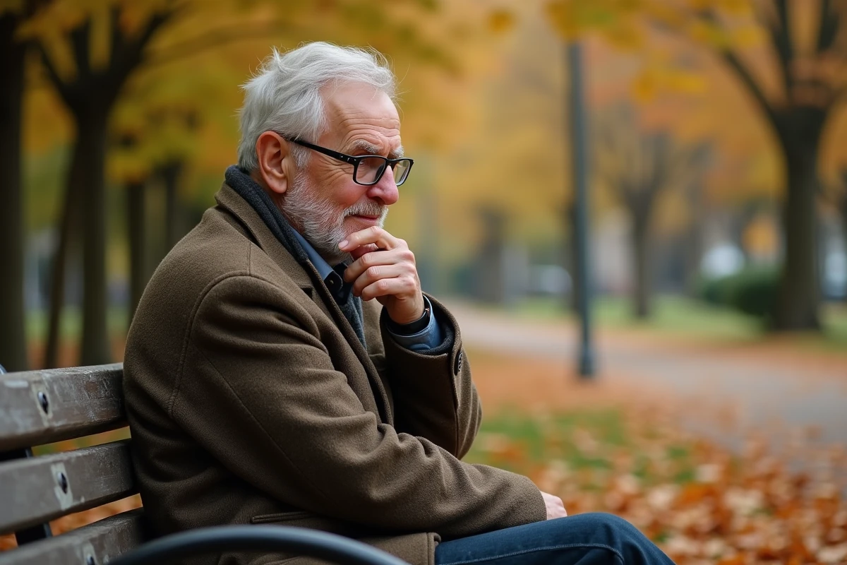 Homme âgé assis sur un banc dans un parc automnal