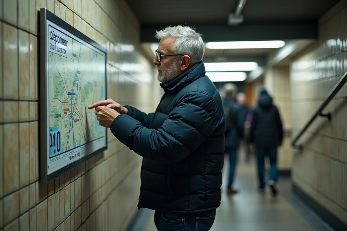 Homme consultant le plan du métro à l'entrée d'une station pour planifier son trajet depuis 269 St