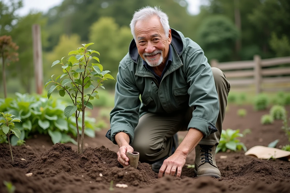Homme plantant un jeune arbre dans un jardin communautaire