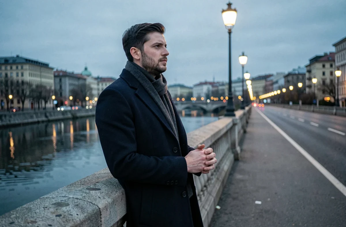 Homme seul sur un pont au crépuscule, contemplant l'horizon dans une atmosphère de rupture amoureuse et de nouveau départ symbolisé par 18h18