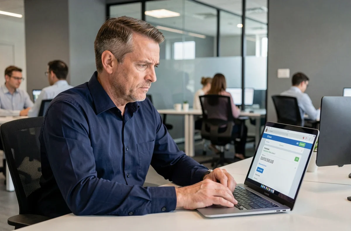 Homme consultant un annuaire téléphonique en ligne sur ordinateur portable, évoquant les risques de confidentialité des services comme le 118 712