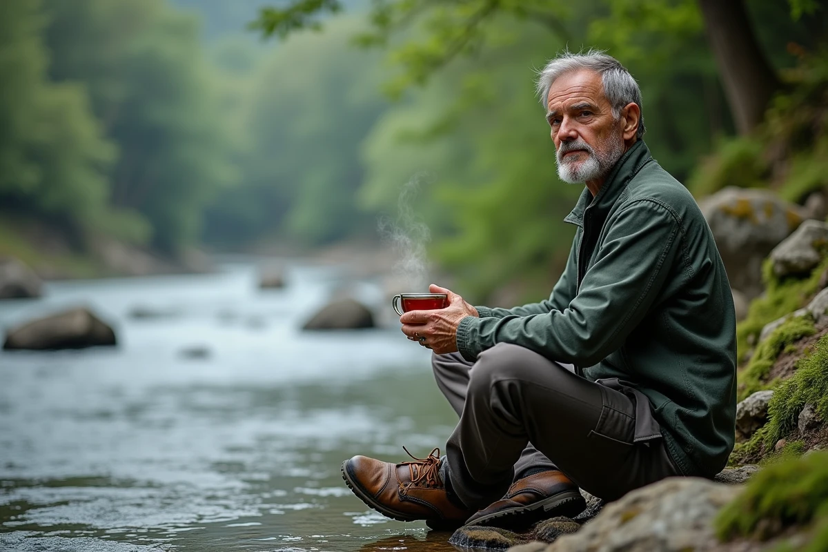 Homme méditant au bord de la rivière avec une tasse de tisane