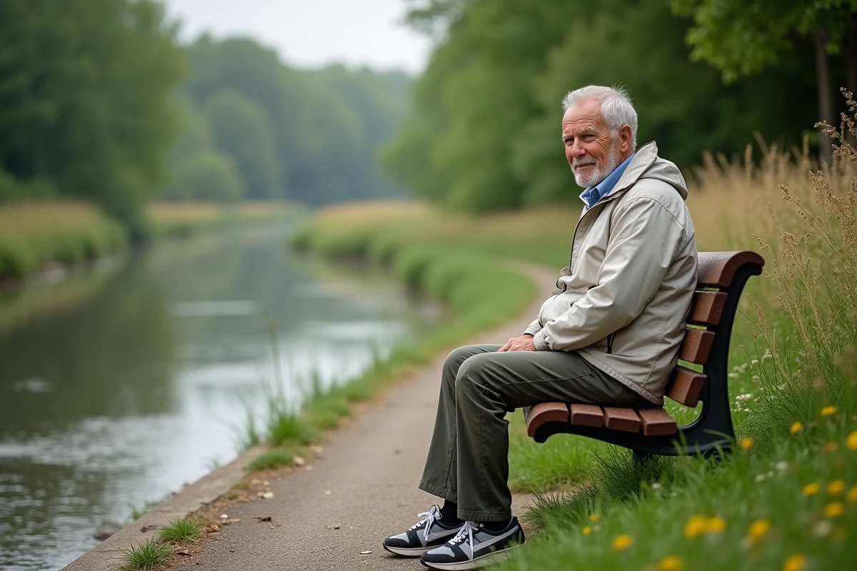 Homme âgé assis sur un banc au bord de la rivière