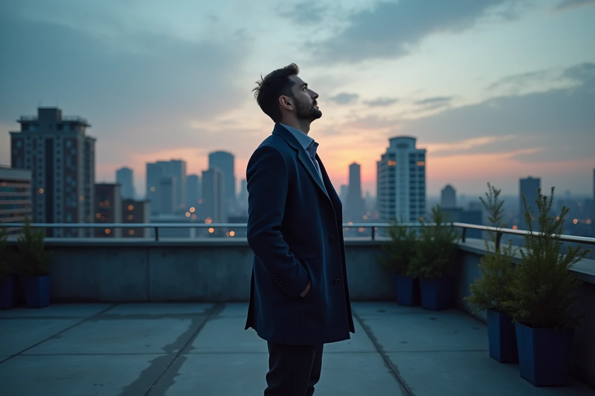 Homme contemplatif sur un toit urbain au crépuscule, symbolisant l'attente et l'espoir liés au chiffre angélique 2222 et aux flammes jumelles