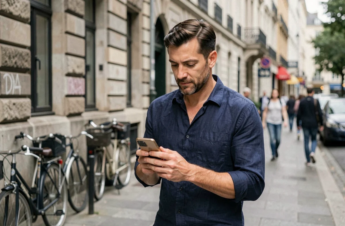 Homme vérifiant son téléphone affichant 14h41 dans une rue urbaine européenne, illustrant la répétition de l'heure miroir au quotidien