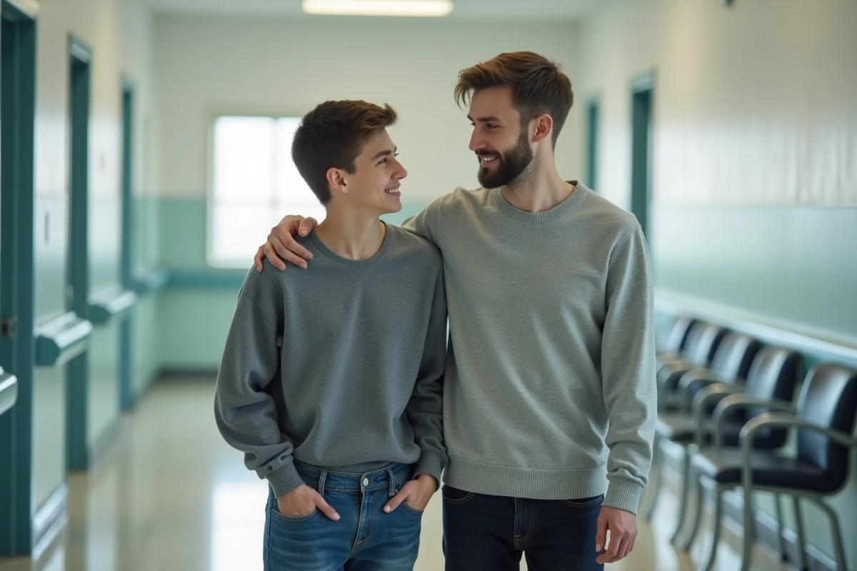 Jeune homme soutenant un ami dans un couloir d