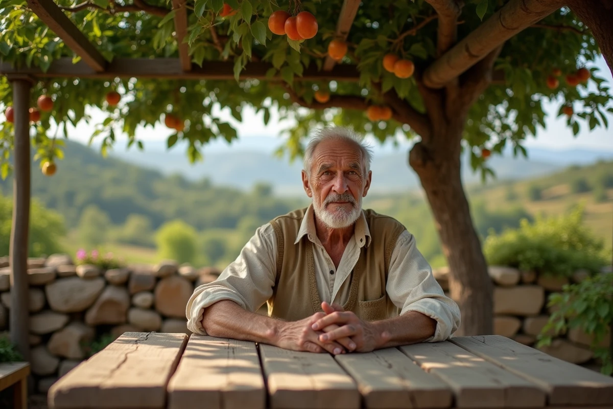 Homme âgé assis dans un verger avec table en bois