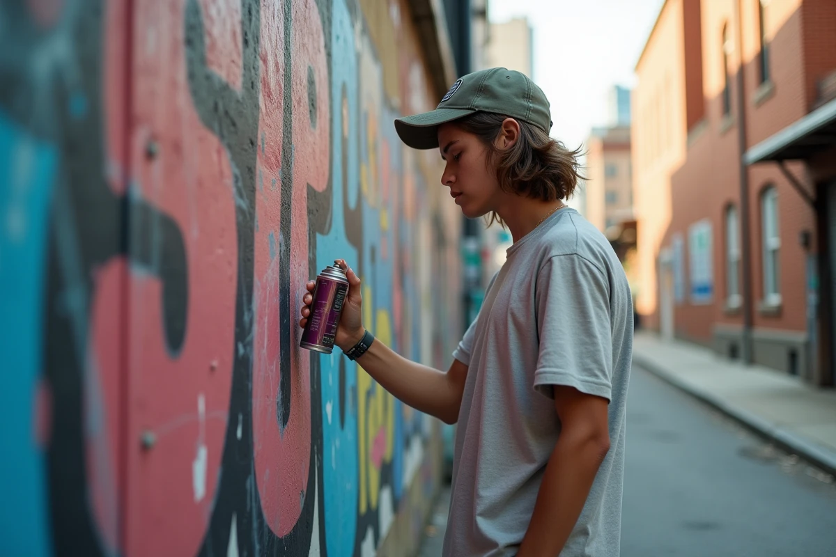Jeune homme en streetwear peignant un graffiti en extérieur