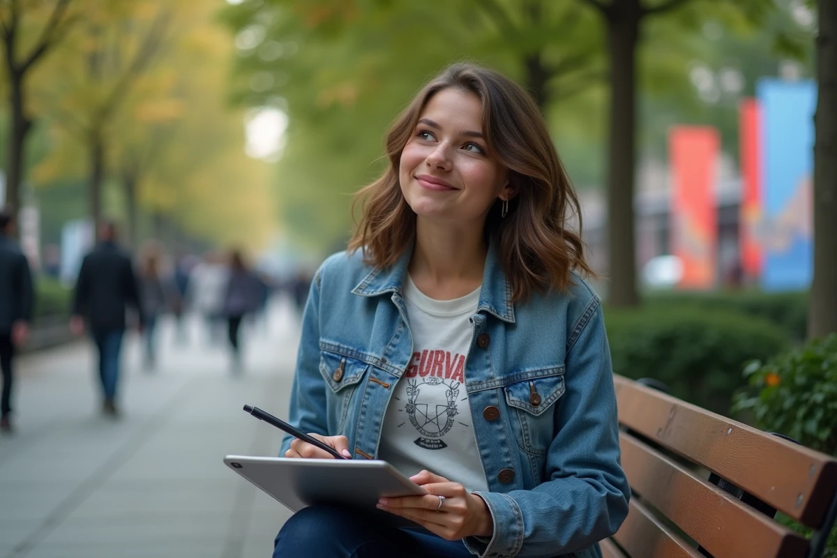 Jeune femme dessinant sur tablette dans un parc urbain