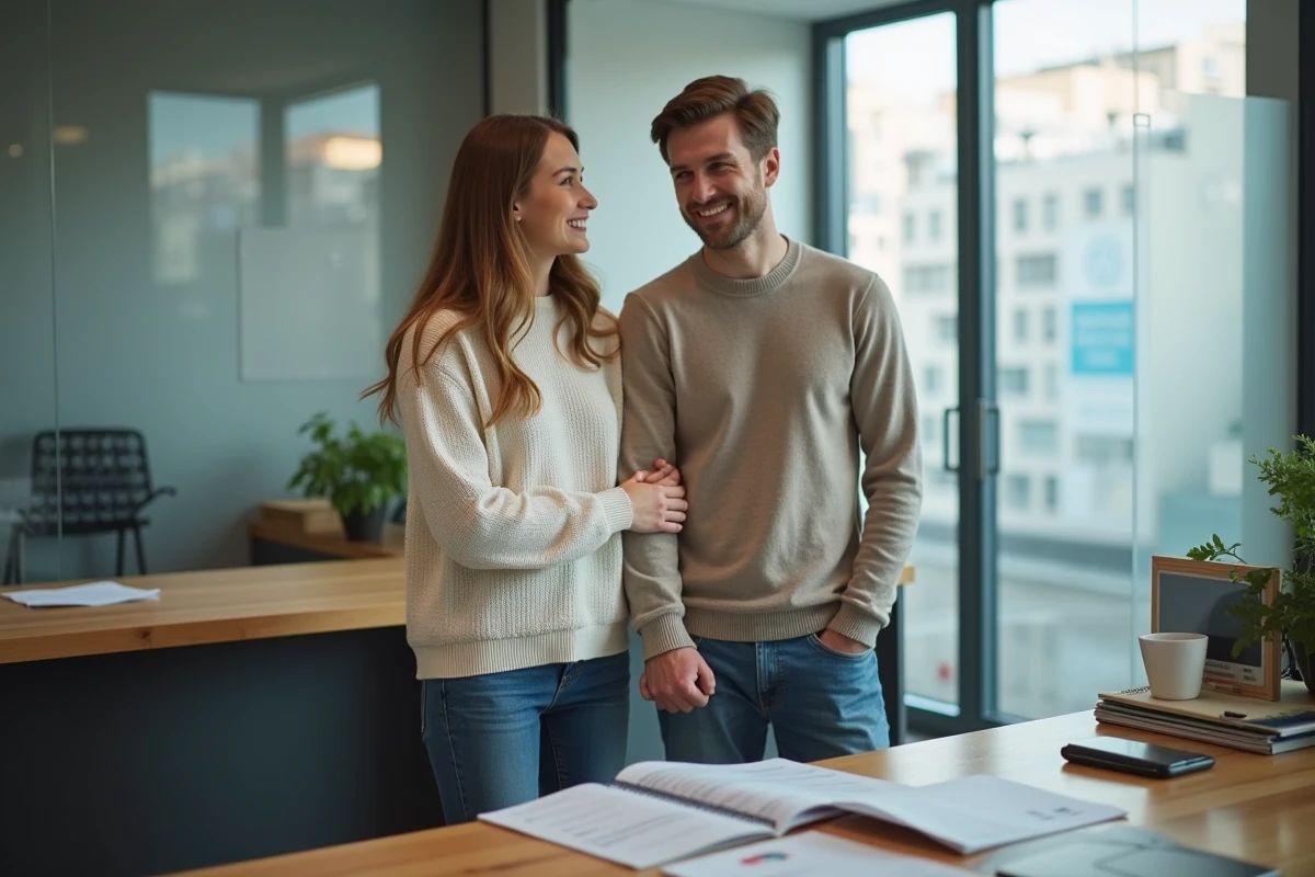 Jeune couple écoutant un conseiller financier dans une agence bancaire
