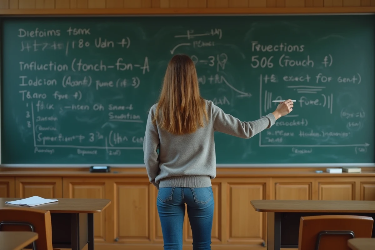 Jeune economiste pointant un graphique sur un tableau noir en classe