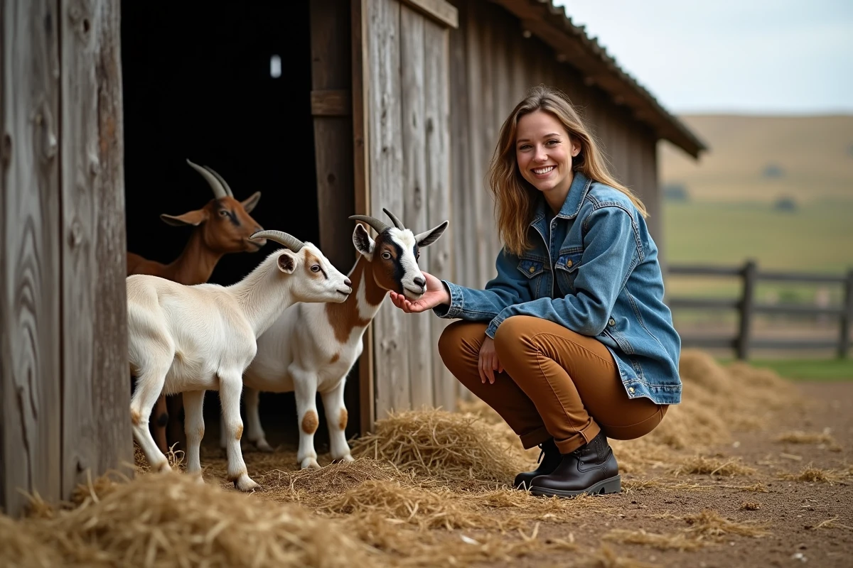 Jeune femme nourrissant des chevres dans une ferme