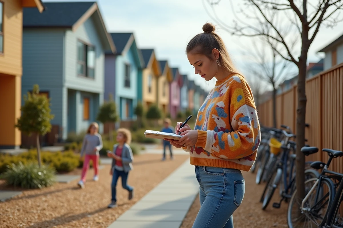 Jeune femme dessinant un plan dans un quartier résidentiel