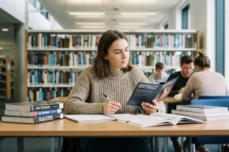 jeune femme consultant des livres dans une bibliothèque universitaire