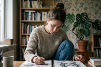 jeune femme concentrée sur un dessin dans un intérieur cosy