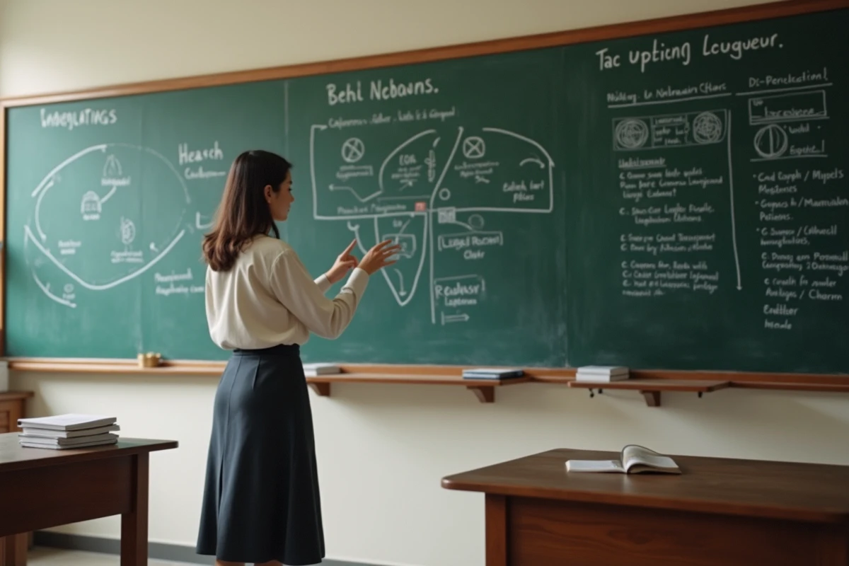Jeune femme chercheuse expliquant un diagramme sur un tableau noir