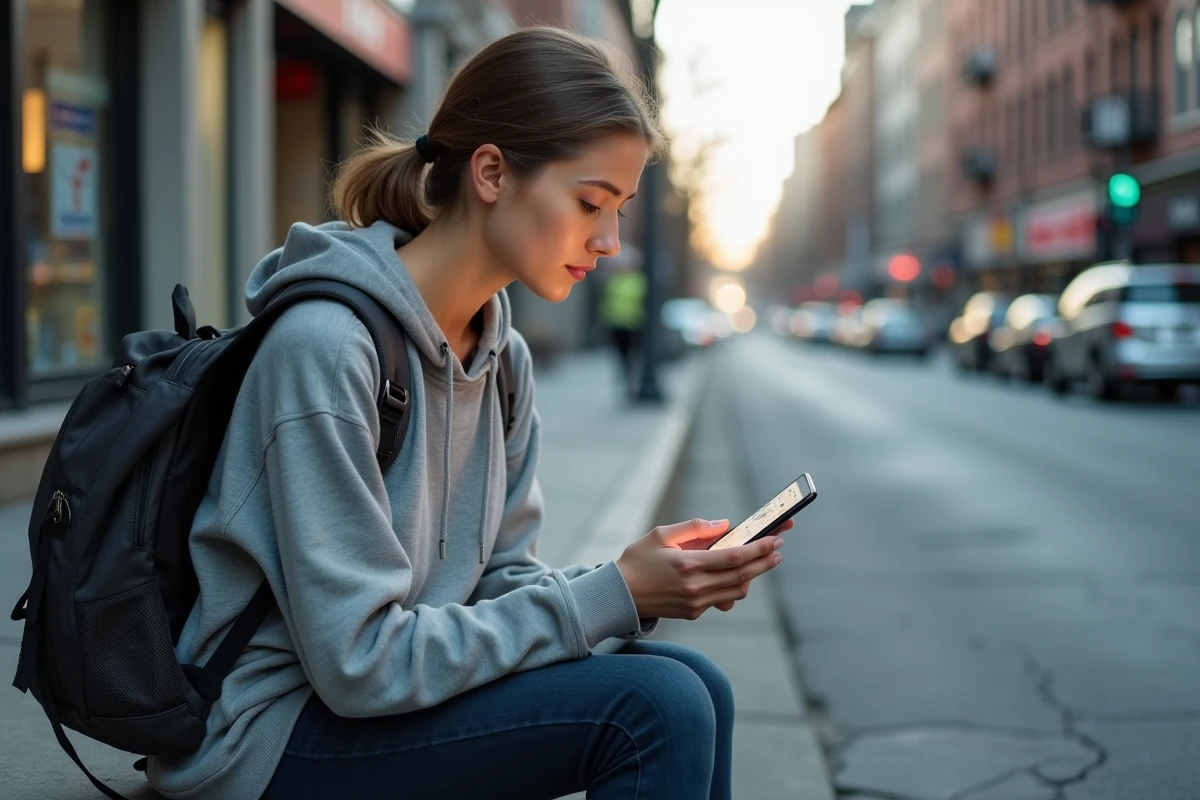 Jeune femme utilisant une application GPS sur smartphone pour trouver son itinéraire depuis l'adresse 269 St