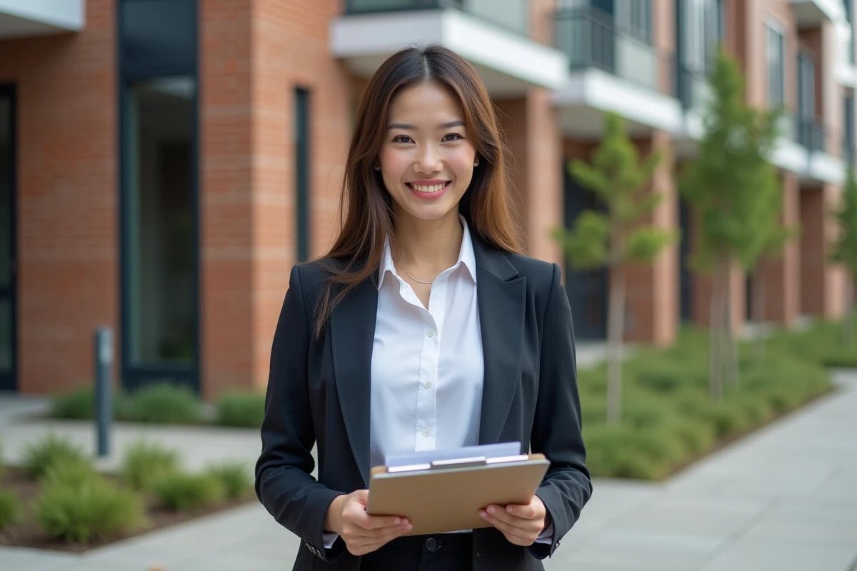 Jeune femme professionnelle devant un immeuble neuf
