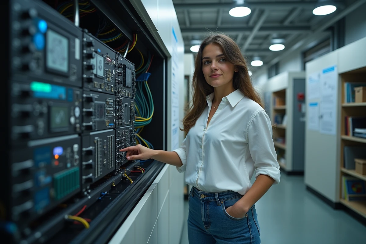 Jeune femme dans un laboratoire avec un ordinateur quantique ouvert