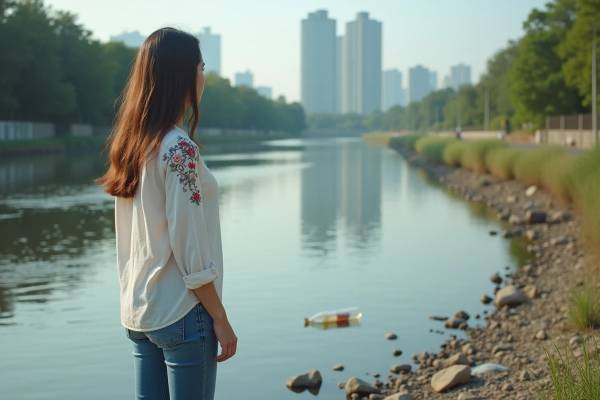 Jeune femme observant un déchet plastique sur la rivière urbaine