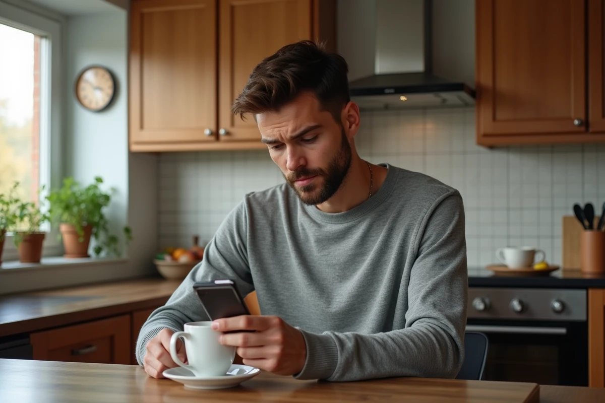 Jeune homme au petit déjeuner regarde son smartphone