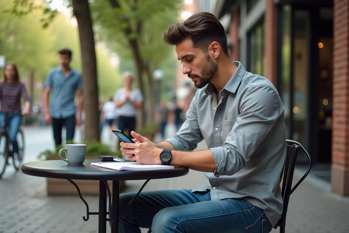 Jeune homme au café utilisant son téléphone et notes
