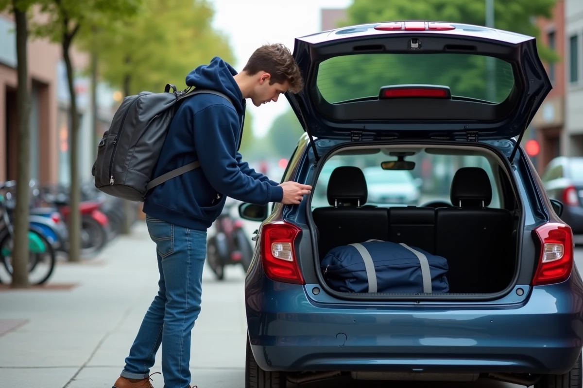 Jeune homme chargeant un sac dans une voiture en ville