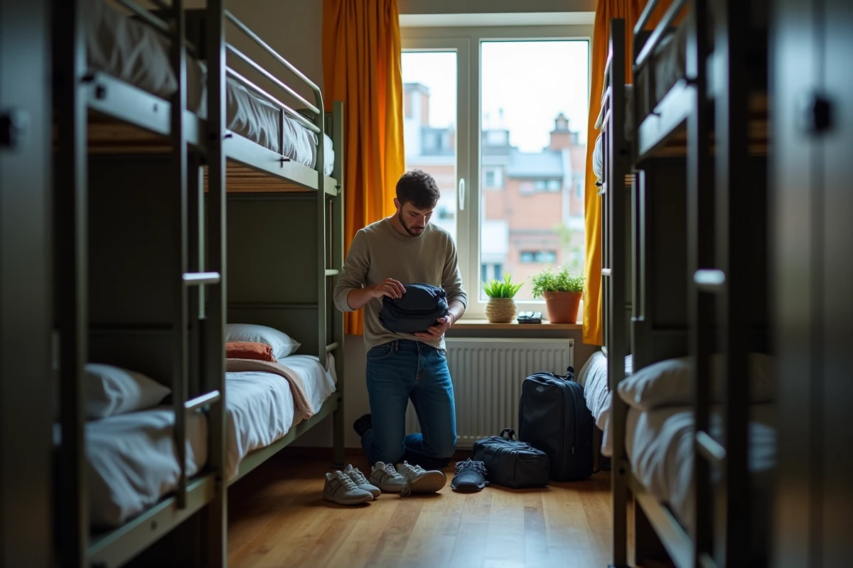 Jeune homme déballant ses affaires dans une chambre d