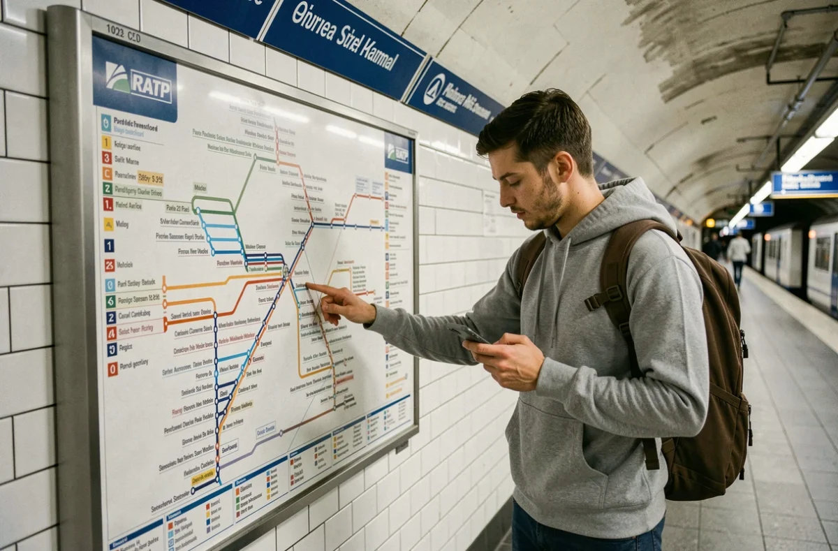 Jeune homme consultant le plan du réseau de bus RATP sur un quai de métro parisien