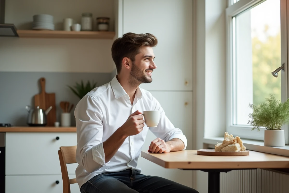 Jeune homme buvant du thé dans une cuisine lumineuse