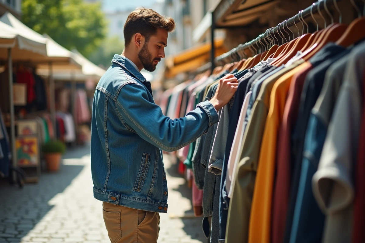 Jeune homme choisissant vetements vintage en marché urbain