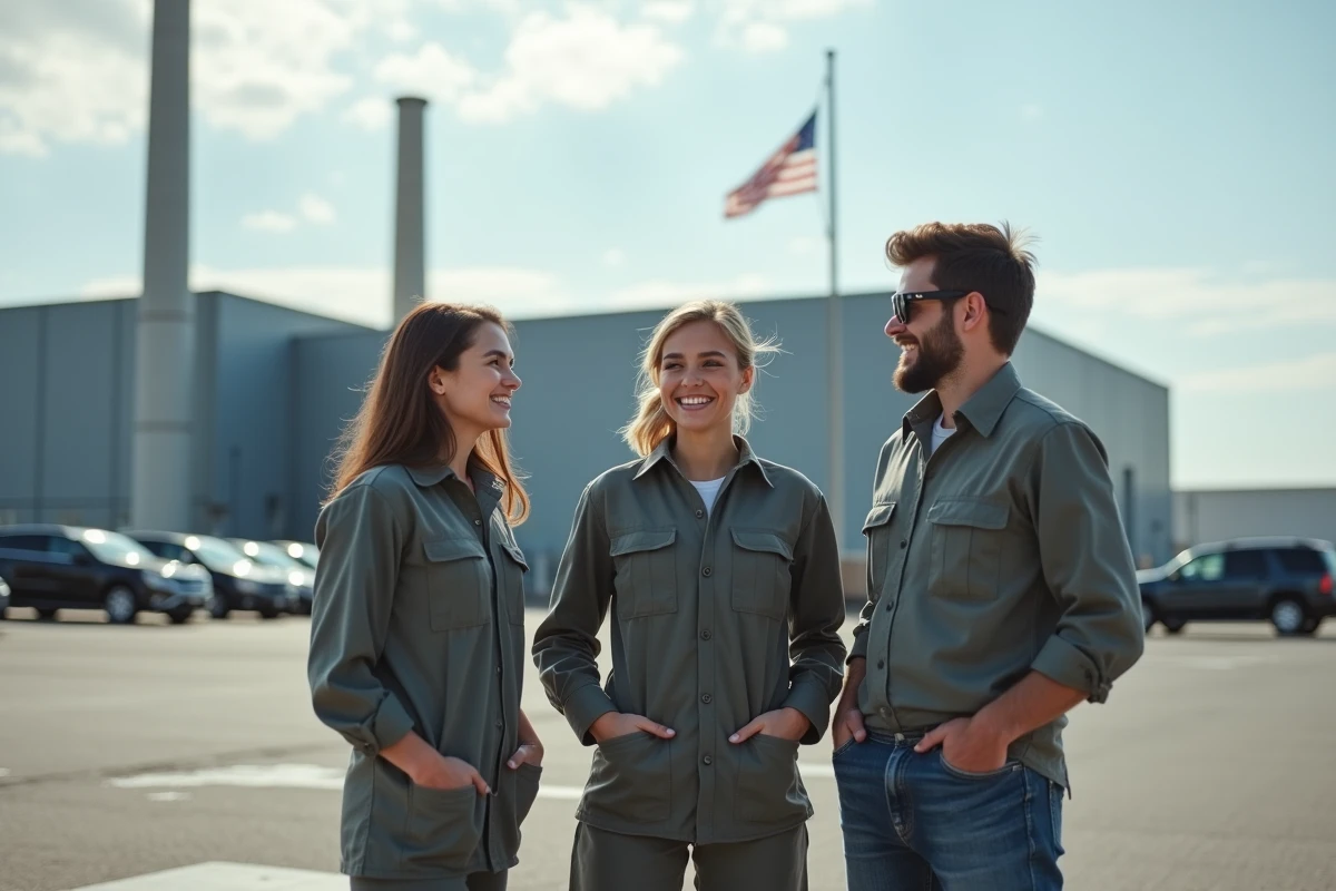 Groupe de jeunes travailleurs automobiles devant usine