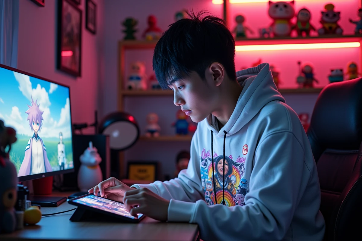 Joueur adulte consultant les codes et récompenses du jeu mobile Anime Last Land sur une tablette dans une chambre décorée de figurines et d'affiches anime