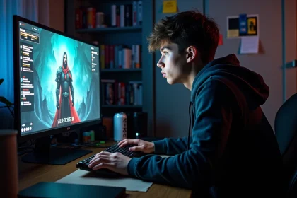 Joueur concentré devant son PC affichant une interface de jeu MMORPG avec des menus de quête et des notifications d'erreur