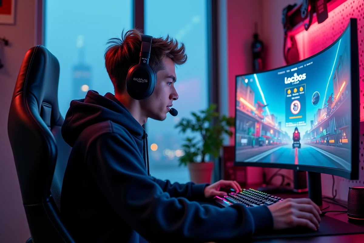 Joueur avec casque gaming concentré sur son écran lors d'un tournoi de jeu en ligne à domicile