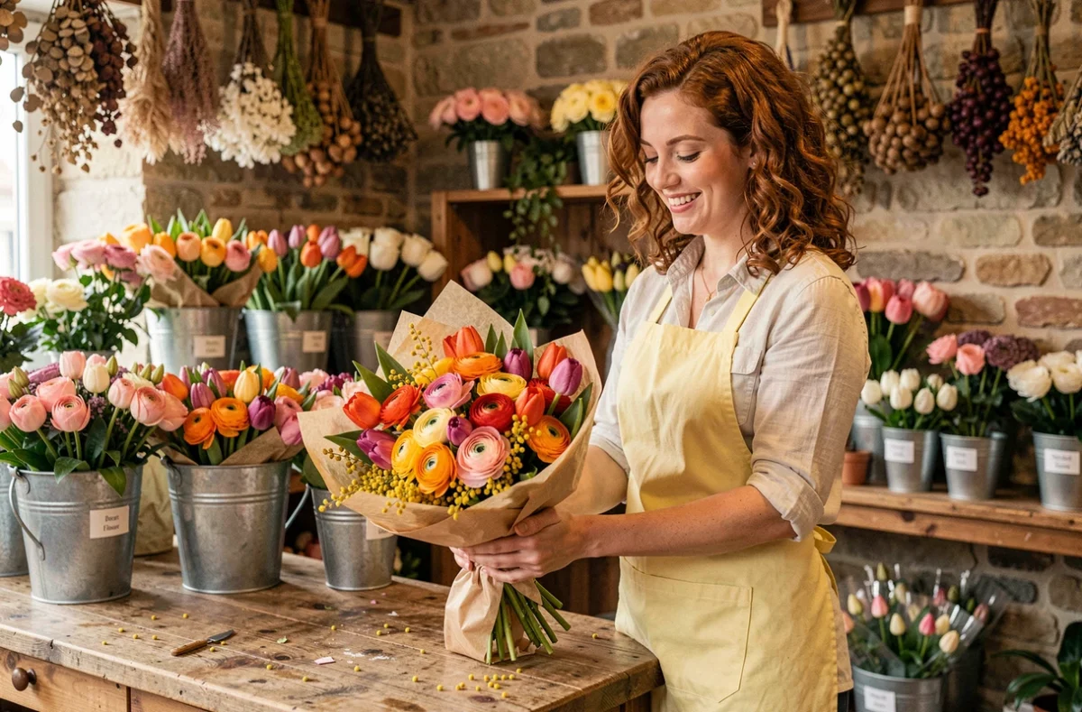 Fleuriste du Bonheur des Fleurs souriant en préparant un joyeux bouquet coloré de renoncules, tulipes et mimosas