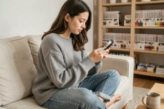 Jeune femme lisant des scans manga sur smartphone confortablement installée dans son salon