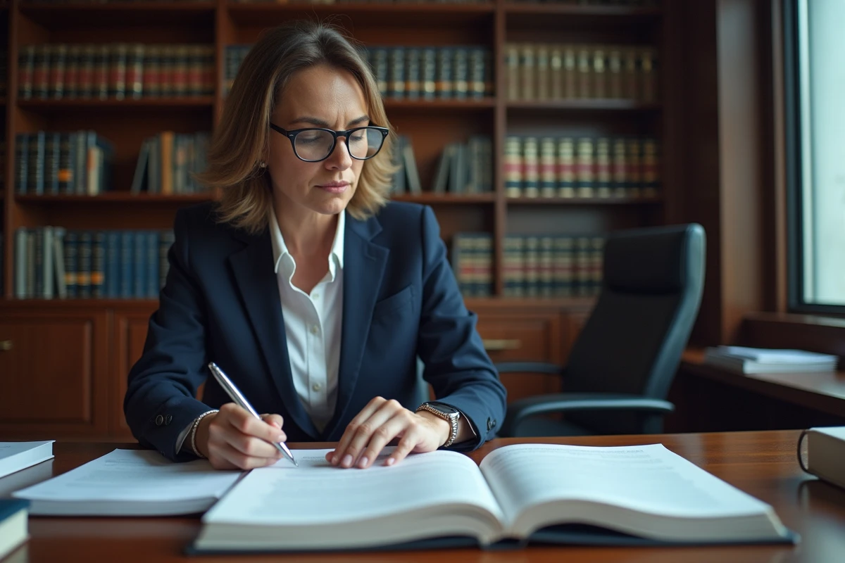 Avocate analysant la législation française sur le téléchargement illégal dans son bureau juridique