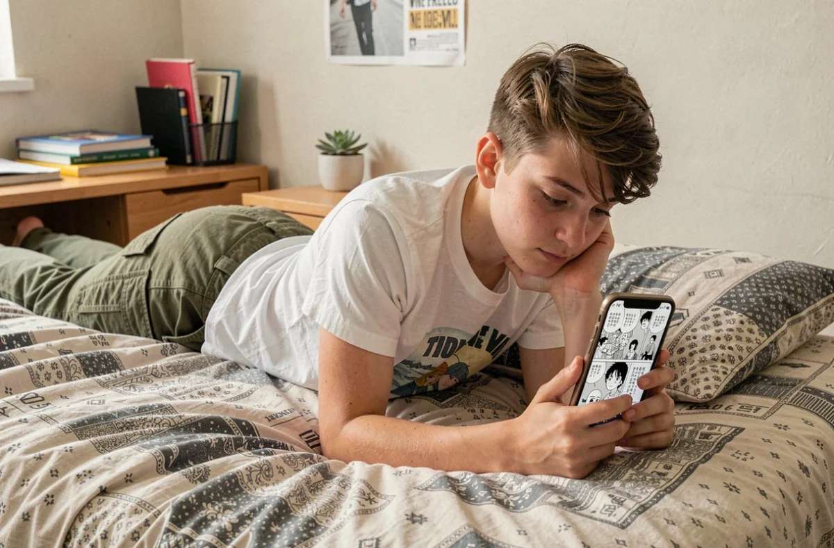 Adolescent lisant un scan manga sur mobile allongé dans sa chambre