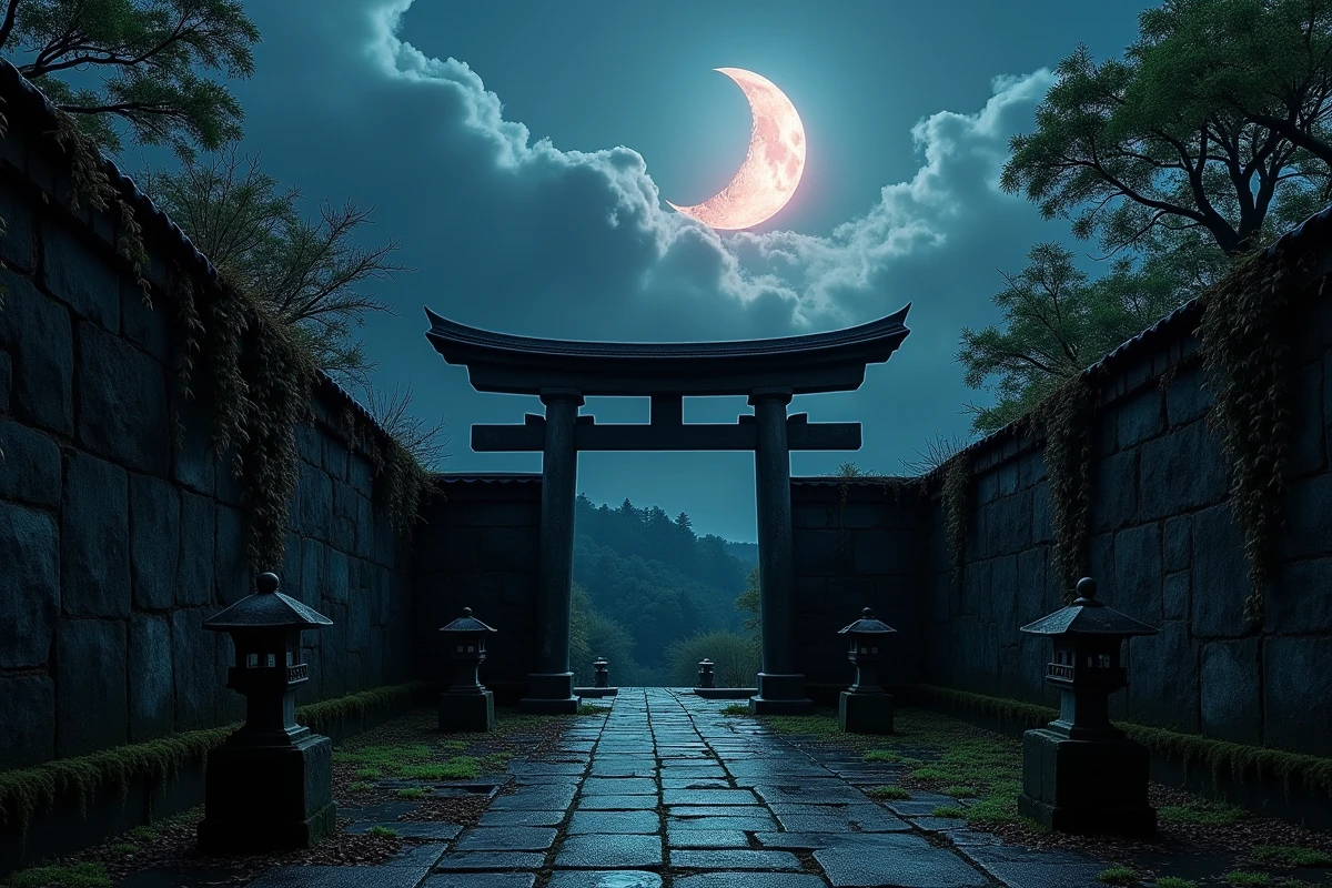 Lune démoniaque rougeâtre visible entre des nuages déchirés au-dessus d'un torii en ruines, symbolisant la trahison surnaturelle dans l'univers de Muzan