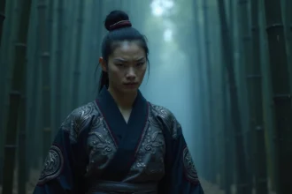 Personnage en costume traditionnel japonais sombre exprimant une trahison intérieure dans une forêt de bambous brumeuse, évoquant une lune démoniaque et la trahison d'un maître maléfique