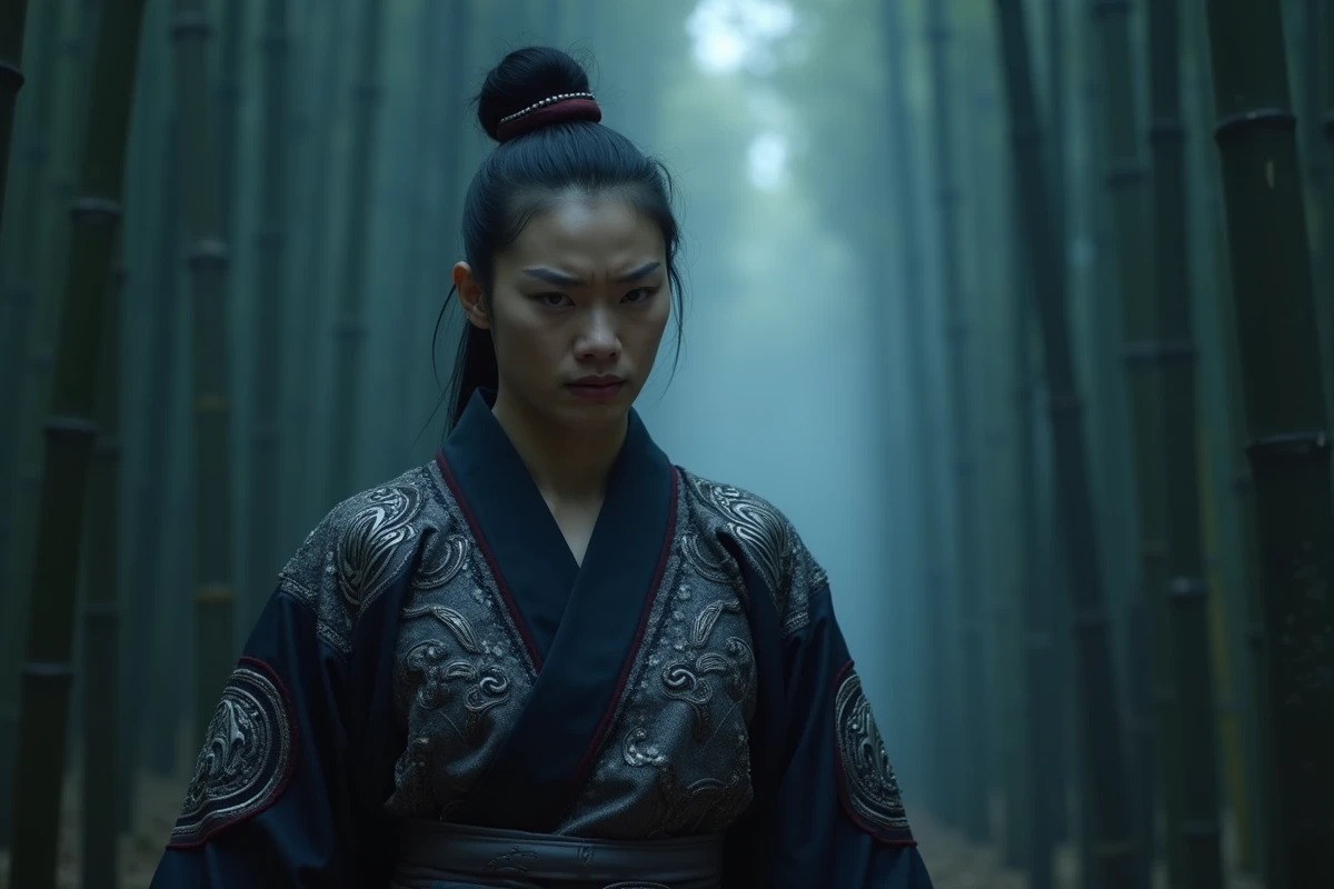 Personnage en costume traditionnel japonais sombre exprimant une trahison intérieure dans une forêt de bambous brumeuse, évoquant une lune démoniaque et la trahison d'un maître maléfique