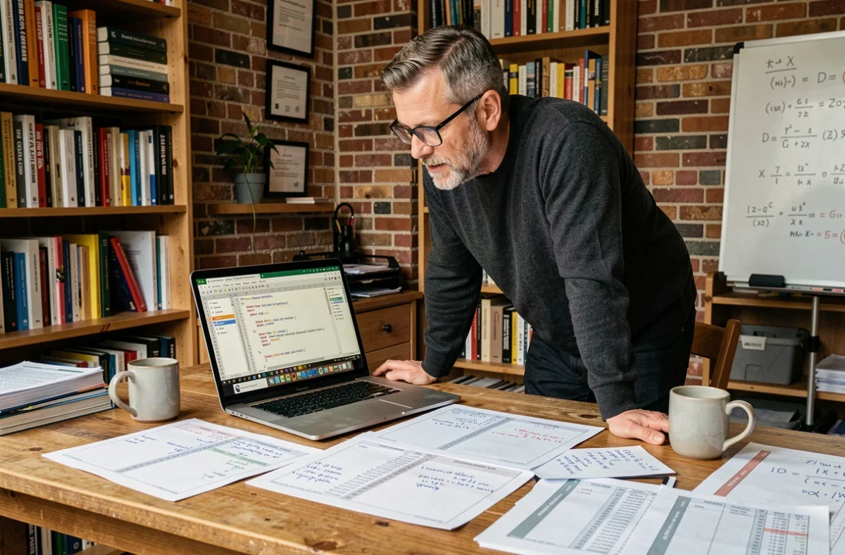 Analyste travaillant sur des macros VBA Excel pour automatiser les conversions PPM dans un bureau à domicile