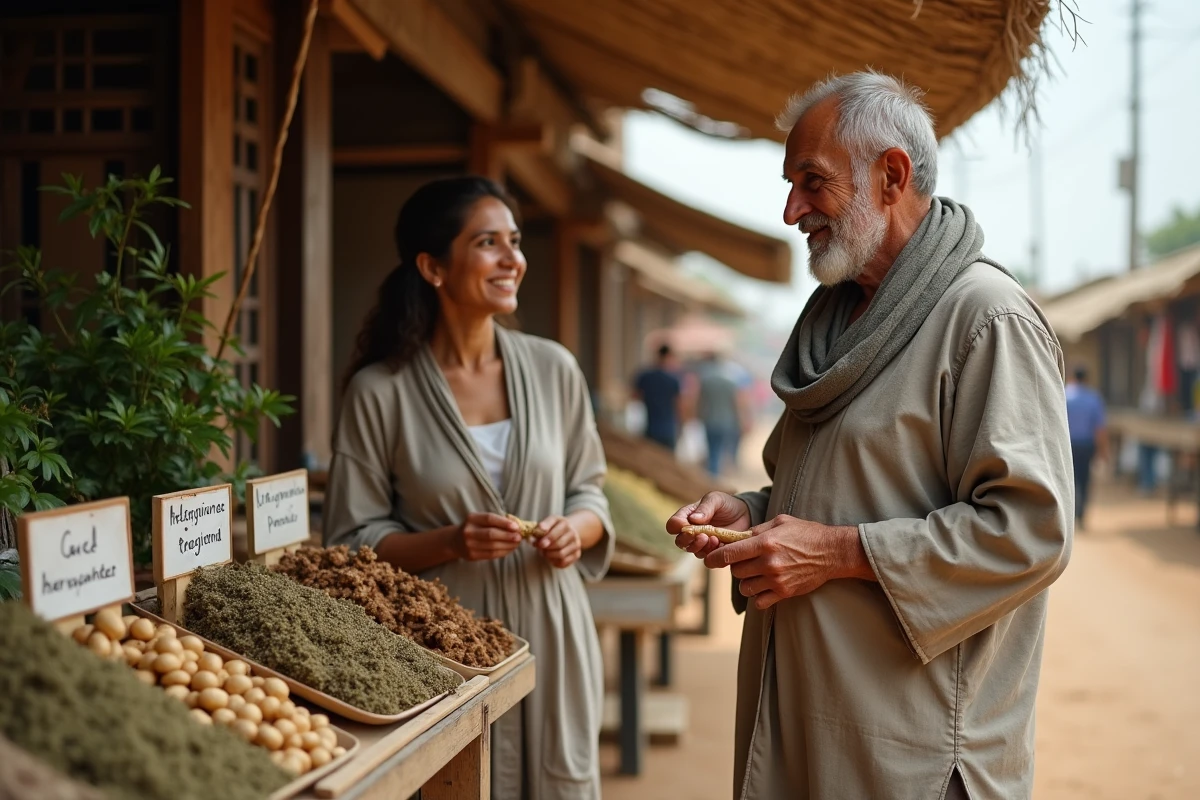 Homme expliquant des plantes médicinales au marché rural