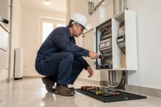 Électricien professionnel inspectant un tableau électrique dans une maison en Nouvelle-Aquitaine