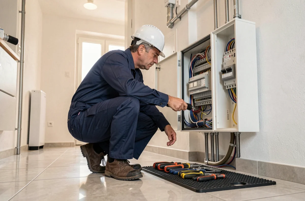 Électricien professionnel inspectant un tableau électrique dans une maison en Nouvelle-Aquitaine