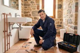 Plombier professionnel travaillant dans une salle de bain de style provençal à Aix-en-Provence